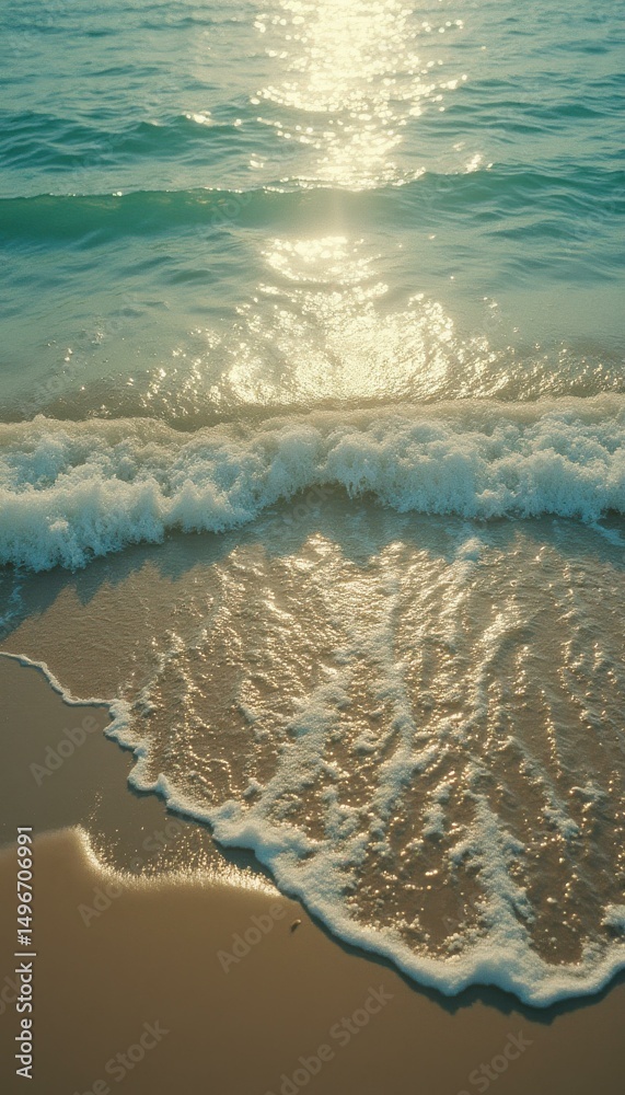Poster sunlight glimmers on the ocean's surface as gentle waves meet a pristine sandy beach, creating a ser