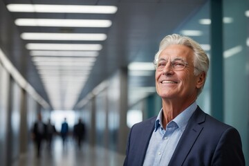 Positive Senior Professional Standing in Bright Office Corridor
