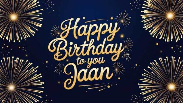Happy birthday jaan with golden fireworks on a dark blue background for a festive celebration