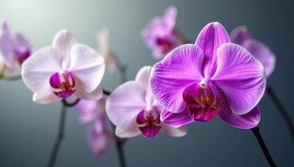 Obraz premium One vibrant purple orchid amongst white orchids, apart, prominent, background