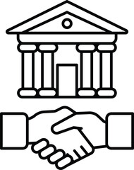 A building with a large door and pillars is shown with two hands shaking