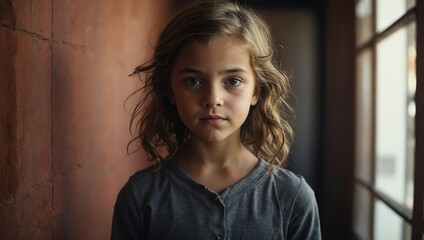 Confident Portrait of a Girl Gazing into the Lens Against a Plain Wall
