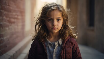 Young Girl Standing in Front of a Wall Looking Directly into the Camera
