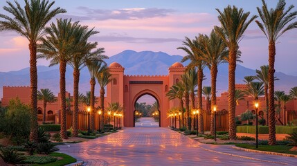 Arched gateway framed by palms and mountains, dusk light
