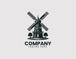 Obraz premium Traditional Old European Windmill Structure Illustration Vector Logo Design, Classic European Windmill Ancient Structure Illustration Vector Logo