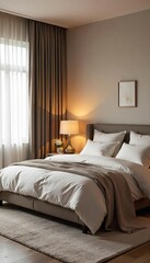 Serene bedroom decorated for ultimate relaxation, featuring soft lighting and calming textures  Neutral color palette creates a peaceful atmosphere ideal for restful sleep , soft, escape