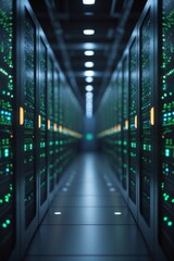 Obraz premium Blurry view of a data center interior with rows of network servers, green and blue indicator lights.