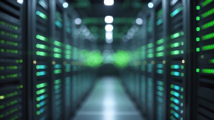 Blurry view of a data center interior with rows of network servers, green and blue indicator lights.