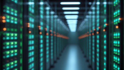 Blurry view of a data center interior with rows of network servers, green and blue indicator lights.