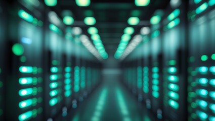 Blurry view of a data center interior with rows of network servers, green and blue indicator lights.