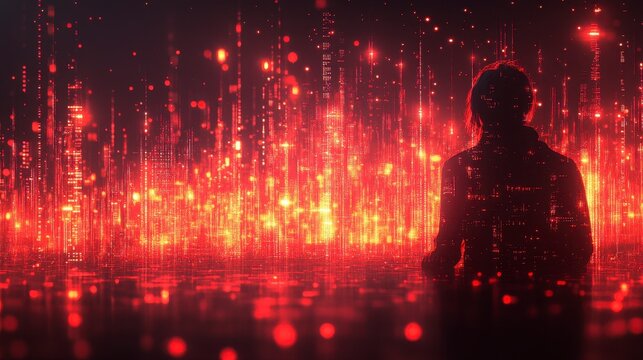 Silhouetted figure amidst a glowing, abstract red matrix of light particles and reflections