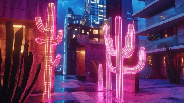 Neon cacti glow amidst modern urban landscape at twilight illuminating the city