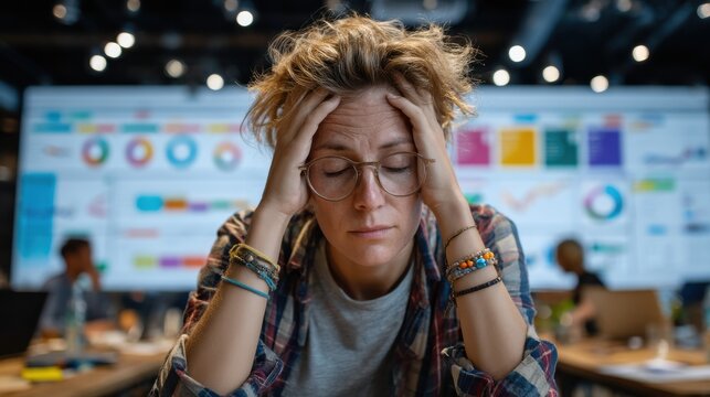 Overwhelmed by Data: Stressed Woman at Work - Powered by Adobe