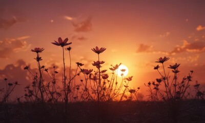 Naklejka premium Silhouetted cosmos against a fiery sunset backdrop , backlit, sky, dramatic