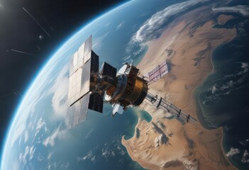 High-tech satellite orbiting Earth, internet antenna visible,  spectrum,  technology,  communication satellite