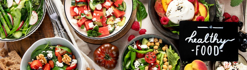 Different kinds of summer salads. Healthy lifestyle.