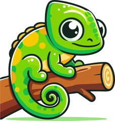 Adorable Cartoon Chameleon with Big Eyes and Curly Tail on Log – Cute Green Lizard Character for Kids and Sticker Designs