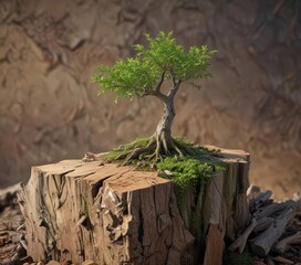 Tiny tree pushing through weathered stump, vibrant green against brown ,  forest,  outdoor,  image