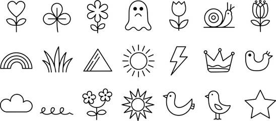 Cute simple line art icons collection doodle style