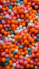 A vibrant cascade of colorful spheres, creating a dynamic, textured display that stimulates the senses. Each tiny sphere contributes to the visual richness.