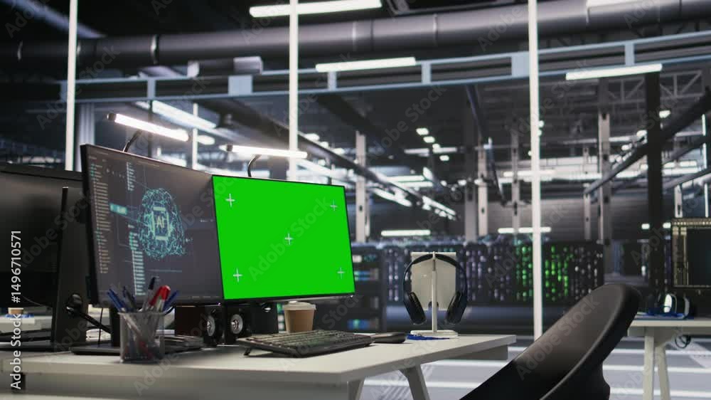 Poster server farm mockup computer used for visualizing artificial intelligence workloads and overseeing eq
