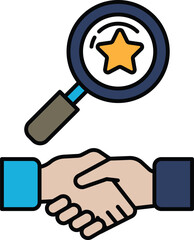 A hand shaking another hand with a magnifying glass in the background