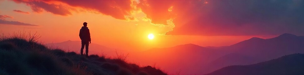 Fototapeta premium Silhouette of a lone figure gazing at a breathtaking sunrise over a tranquil landscape, conveying a sense of peace, contemplation, and spiritual awakening , mindfulness, beauty