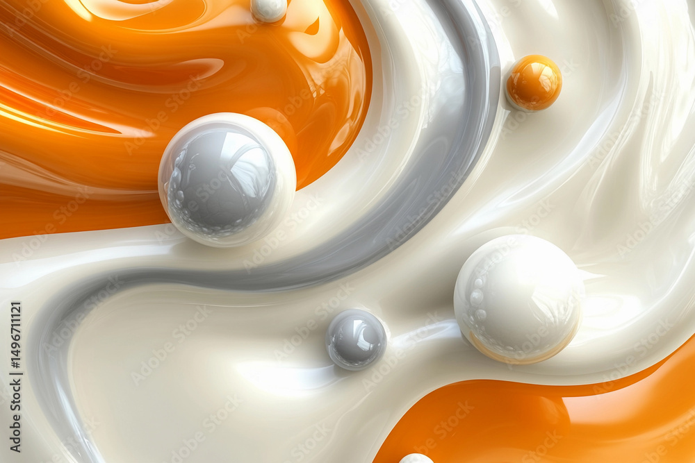 Aufkleber Swirling orange and white abstract rendering with spheres Generative AI