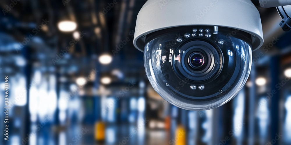 Poster close up view of industrial cctv camera in action generative ai
