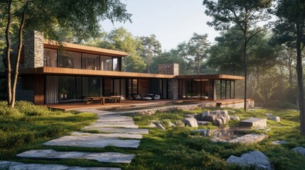 Obraz premium Modern, wood-clad home nestled in a lush forest. Spacious, contemporary design with glass walls, offering a seamless connection to nature. Stone accents complement the natural surroundings