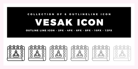 Vesak Icon Collection of 6 Outline Icons for Buddhist Holiday
