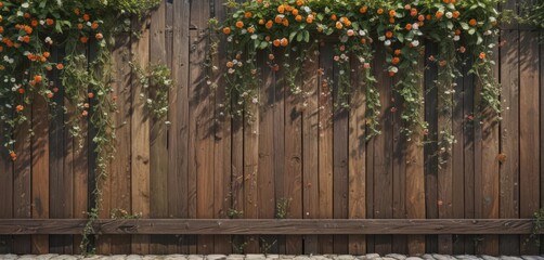 Distressed fence panels, abundant flowering vines, aged wood texture, ornate border , wild, rustic, floral design