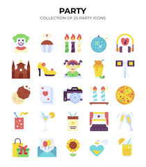 25 Colorful Party Icons Collection. Festive. Flat Design Elements for Events and Celebrations