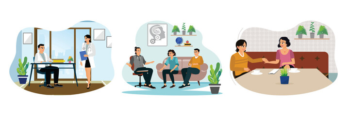 Doctors discuss patient diagnoses, have therapy sessions with patients, and chat with each other.