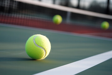 Close up view of a tennis ball on a court surface Generative AI
