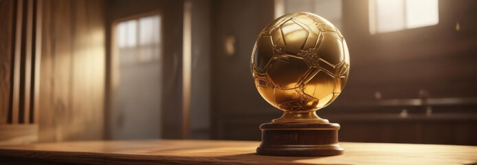 Golden football trophy basks in sunlight on rich wood , bowl, texture