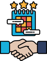 A hand shaking another hand with a calendar in the background