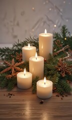 Glowing candles, evergreen branches, wooden snowflakes, star anise, photo, background