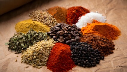 A vibrant array of exotic spices and herbs, meticulously arranged on a rustic surface. Each mound showcases a unique color and texture. It is a feast for the senses.