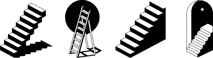 Abstract black and white staircase illustrations set