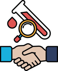 A hand shake between two people with a magnifying glass in the middle