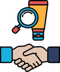 A hand shaking another hand with a magnifying glass in the middle