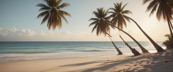 Grainy, faded film photo of a tranquil beach with swaying palms, warm light  ,  tropical plants,  grain,  calm