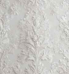 Crisp white floral damask, fine details, subtle sheen , vintage, motif