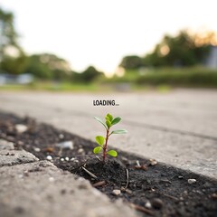 Small Plant Growing Through Asphalt with Loading Text, Concept of Growth and Persistence, Nature Resilience and Hope  
