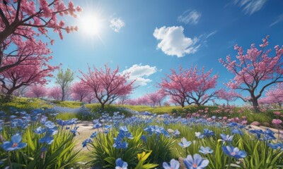 Vibrant spring blooms under a flawless azure sky , sunshine, pastel