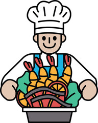 A chef is smiling and holding a tray of food, including shrimp and vegetables