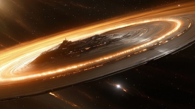 A mountainous island at the center of a glowing, ringed accretion disk in space