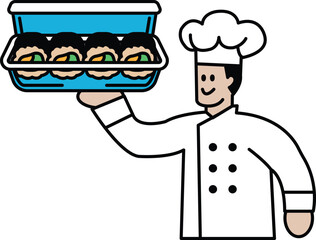 A chef is holding a tray of food, smiling and looking happy