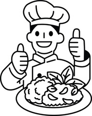 A chef is holding a plate of food and giving thumbs up